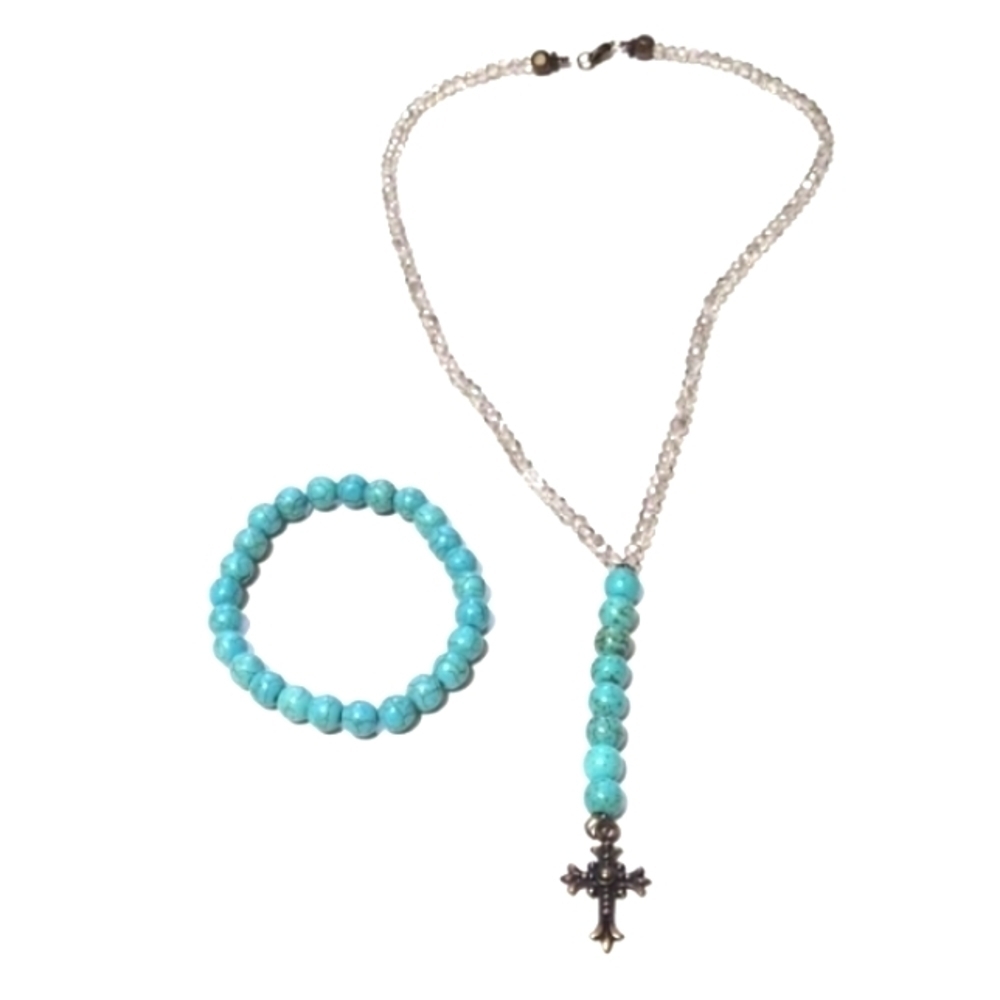 VINTAGE TURQUOISE QUARTZ BEADED BRASS CROSS PENDANT 18"NECKLACE STRETCH BRACELET